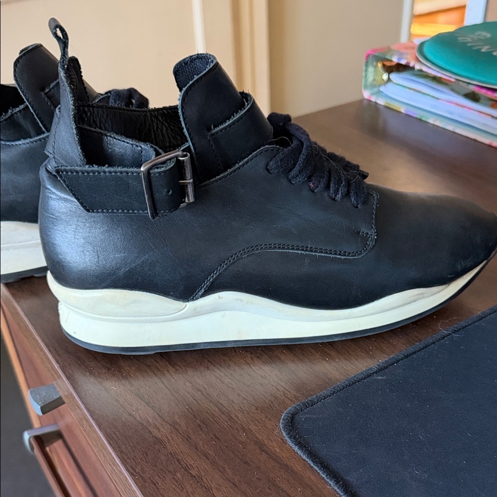 Opening Ceremony Black Leather Buckle Top Sneakers